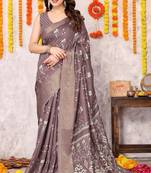 Dusty wine silk blend block print zari woven border saree with unstitched blouse piece