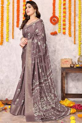 Dusty wine silk blend block print zari woven border saree with unstitched blouse piece 2