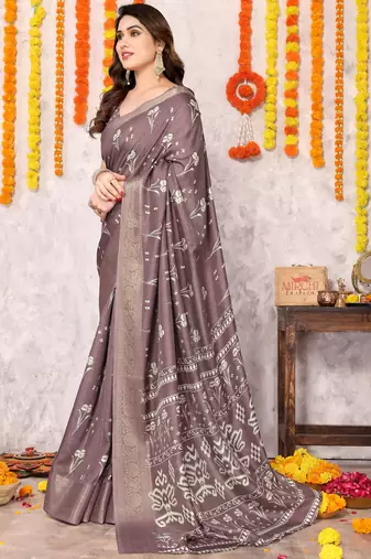 Dusty wine silk blend block print zari woven border saree with unstitched blouse piece