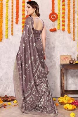 Dusty wine silk blend block print zari woven border saree with unstitched blouse piece 3