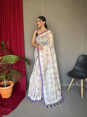 Women Light Purple Malai Cotton And Kalamkari Print Rich Pallu Saree With Blouse For Women 1