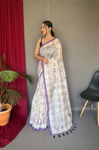 Women Light Purple Malai Cotton And Kalamkari Print Rich Pallu Saree With Blouse For Women