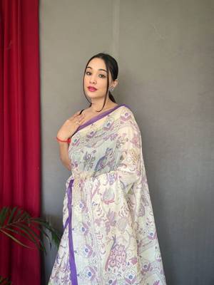 Women Light Purple Malai Cotton And Kalamkari Print Rich Pallu Saree With Blouse For Women 2
