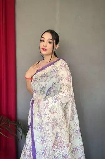 Women Light Purple Malai Cotton And Kalamkari Print Rich Pallu Saree With Blouse For Women