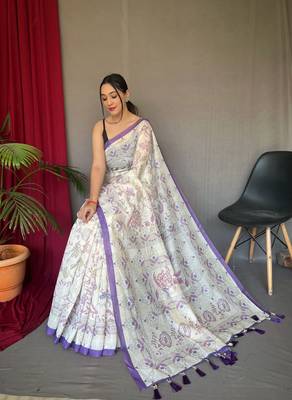 Women Light Purple Malai Cotton And Kalamkari Print Rich Pallu Saree With Blouse For Women 3