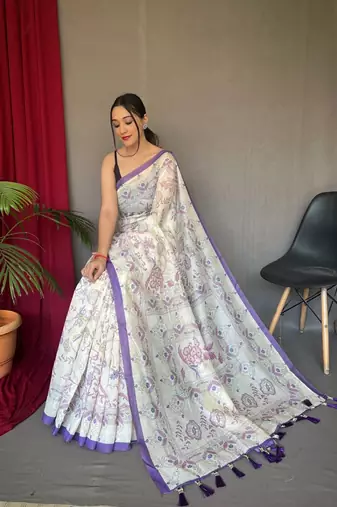 Women Light Purple Malai Cotton And Kalamkari Print Rich Pallu Saree With Blouse For Women