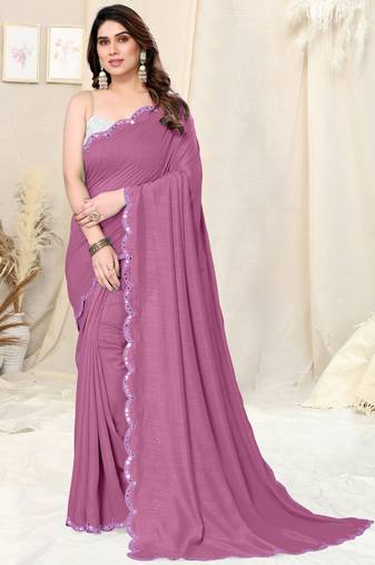 Pink silk blend soild mirror work border saree with unstitched blouse piece