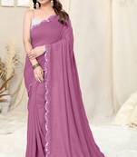 Pink silk blend soild mirror work border saree with unstitched blouse piece