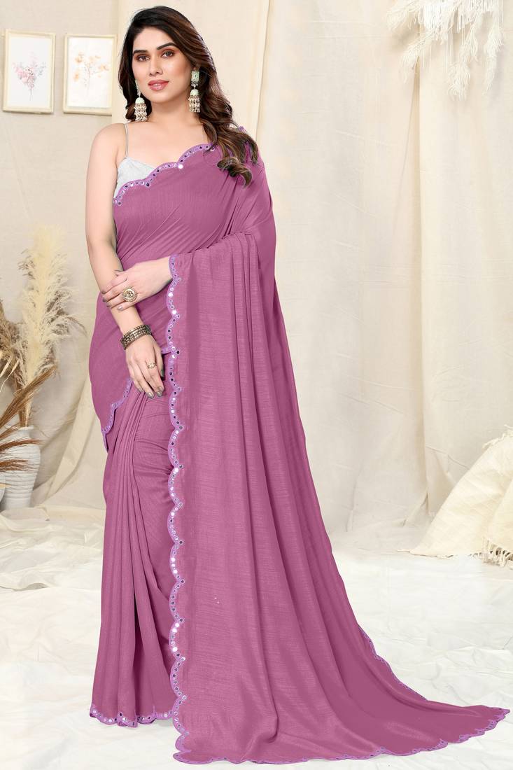 Pink silk blend soild mirror work border saree with unstitched blouse piece