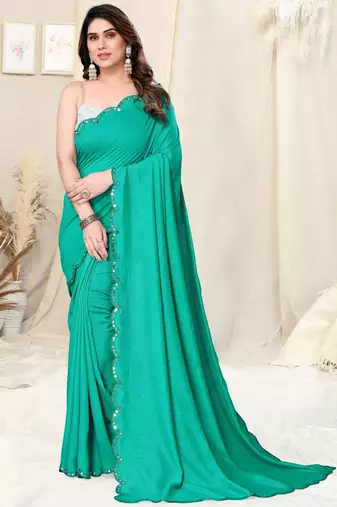 Teal silk blend soild mirror work border saree with unstitched blouse piece