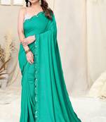 Teal silk blend soild mirror work border saree with unstitched blouse piece