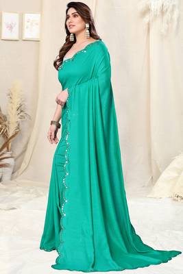 Teal silk blend soild mirror work border saree with unstitched blouse piece 2