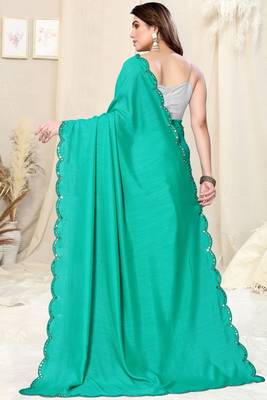 Teal silk blend soild mirror work border saree with unstitched blouse piece 3