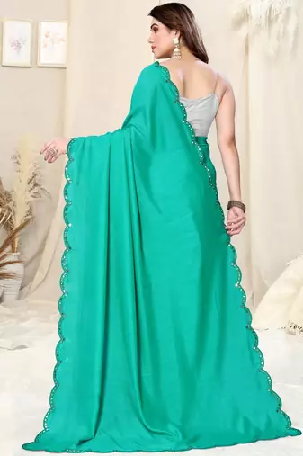 Teal silk blend soild mirror work border saree with unstitched blouse piece