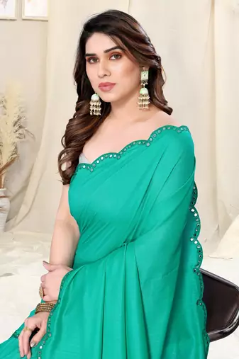 Teal silk blend soild mirror work border saree with unstitched blouse piece
