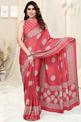 Peach Chiffon Floral Batik Print Saree With Unstitched Blouse Piece 1
