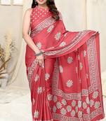 Peach Chiffon Floral Batik Print Saree With Unstitched Blouse Piece