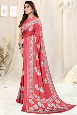 Peach Chiffon Floral Batik Print Saree With Unstitched Blouse Piece 2