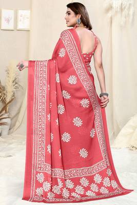 Peach Chiffon Floral Batik Print Saree With Unstitched Blouse Piece 3