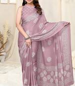 Dusty Pink Chiffon Floral Batik Print Saree With Unstitched Blouse Piece