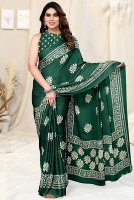 Green Chiffon Floral Batik Print Saree With Unstitched Blouse Piece 1