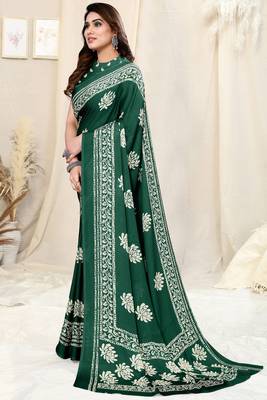 Green Chiffon Floral Batik Print Saree With Unstitched Blouse Piece 2