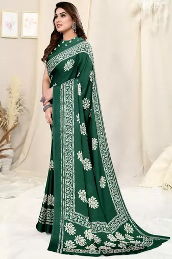 Green Chiffon Floral Batik Print Saree With Unstitched Blouse Piece