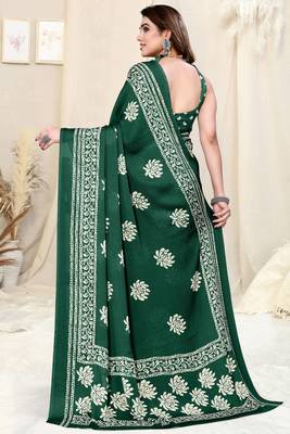 Green Chiffon Floral Batik Print Saree With Unstitched Blouse Piece 3