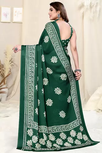 Green Chiffon Floral Batik Print Saree With Unstitched Blouse Piece