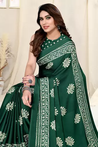 Green Chiffon Floral Batik Print Saree With Unstitched Blouse Piece
