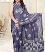 Purple Chiffon Floral Batik Print Saree With Unstitched Blouse Piece