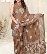 Brown Chiffon Floral Batik Print Saree With Unstitched Blouse Piece