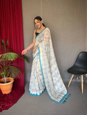 Sky Blue Cotton Blend  Kalamkari Print Rich Pallu Saree With Blouse 1