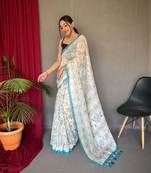 Sky Blue Cotton Blend  Kalamkari Print Rich Pallu Saree With Blouse
