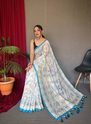 Sky Blue Cotton Blend  Kalamkari Print Rich Pallu Saree With Blouse 2