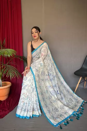 Sky Blue Cotton Blend  Kalamkari Print Rich Pallu Saree With Blouse