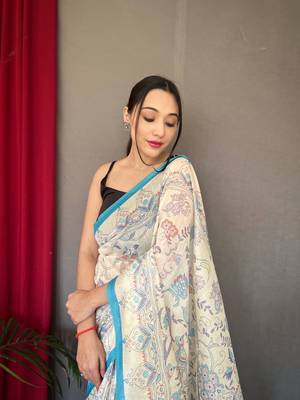 Sky Blue Cotton Blend  Kalamkari Print Rich Pallu Saree With Blouse 3