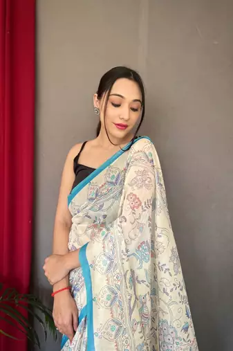 Sky Blue Cotton Blend  Kalamkari Print Rich Pallu Saree With Blouse