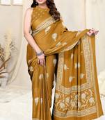 Mustard Chiffon Floral Batik Print Saree With Unstitched Blouse Piece
