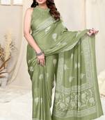 Pista Green Chiffon Floral Batik Print Saree With Unstitched Blouse Piece