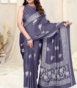 Purple Chiffon Floral Batik Print Saree With Unstitched Blouse Piece