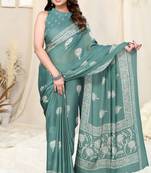 Dusty Teal Chiffon Floral Batik Print Saree With Unstitched Blouse Piece