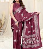 Magenta chiffon floral batik print saree with unstitched blouse piece