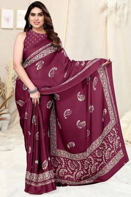 Magenta Chiffon Paisley Batik Print Saree With Unstitched Blouse Piece 1