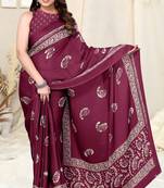Magenta Chiffon Paisley Batik Print Saree With Unstitched Blouse Piece