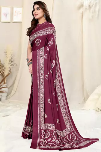 Magenta Chiffon Paisley Batik Print Saree With Unstitched Blouse Piece