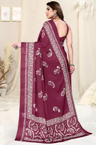 Magenta Chiffon Paisley Batik Print Saree With Unstitched Blouse Piece