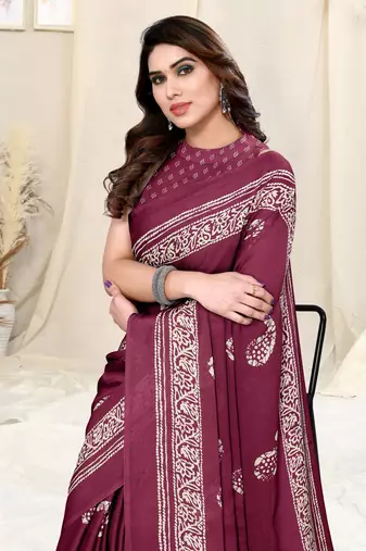 Magenta Chiffon Paisley Batik Print Saree With Unstitched Blouse Piece