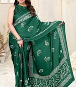 Green Chiffon Paisley Batik Print Saree With Unstitched Blouse Piece