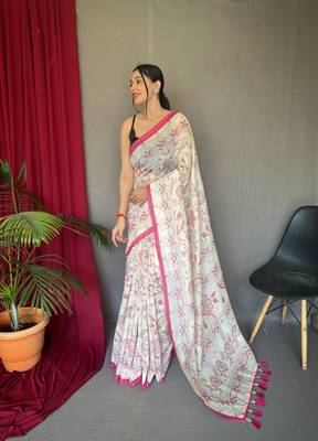 Rani Pink Cotton Blend  Kalamkari Print Rich Pallu Saree With Blouse 1